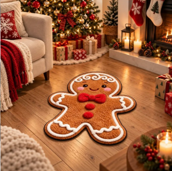Tapete natalino em formato de biscoito de gengibre em uma sala decorada