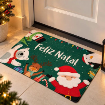 Tapete verde com mensagem Feliz Natal e ilustrações festivas